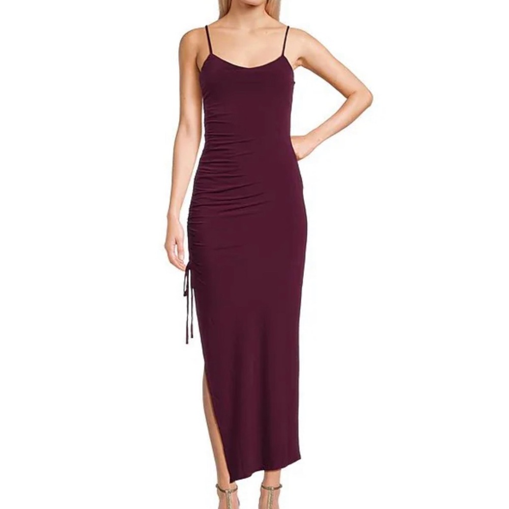 Honey and rosie side cinch slit hem dress brick color bodycon style